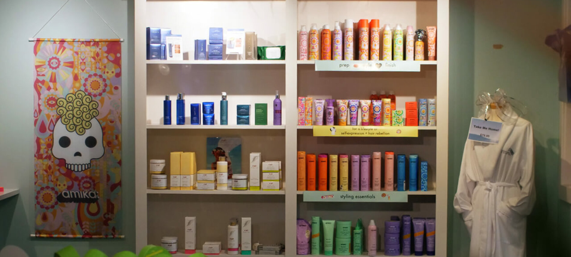 Beauty products on shelves at Calladora Spa in Delavan Wisconsin