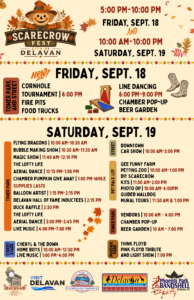 Event poster for the 2026 Scarecrow Fest in Delavan, listing a schedule of activities for September 18-19 including cornhole, line dancing, magic shows, and live music