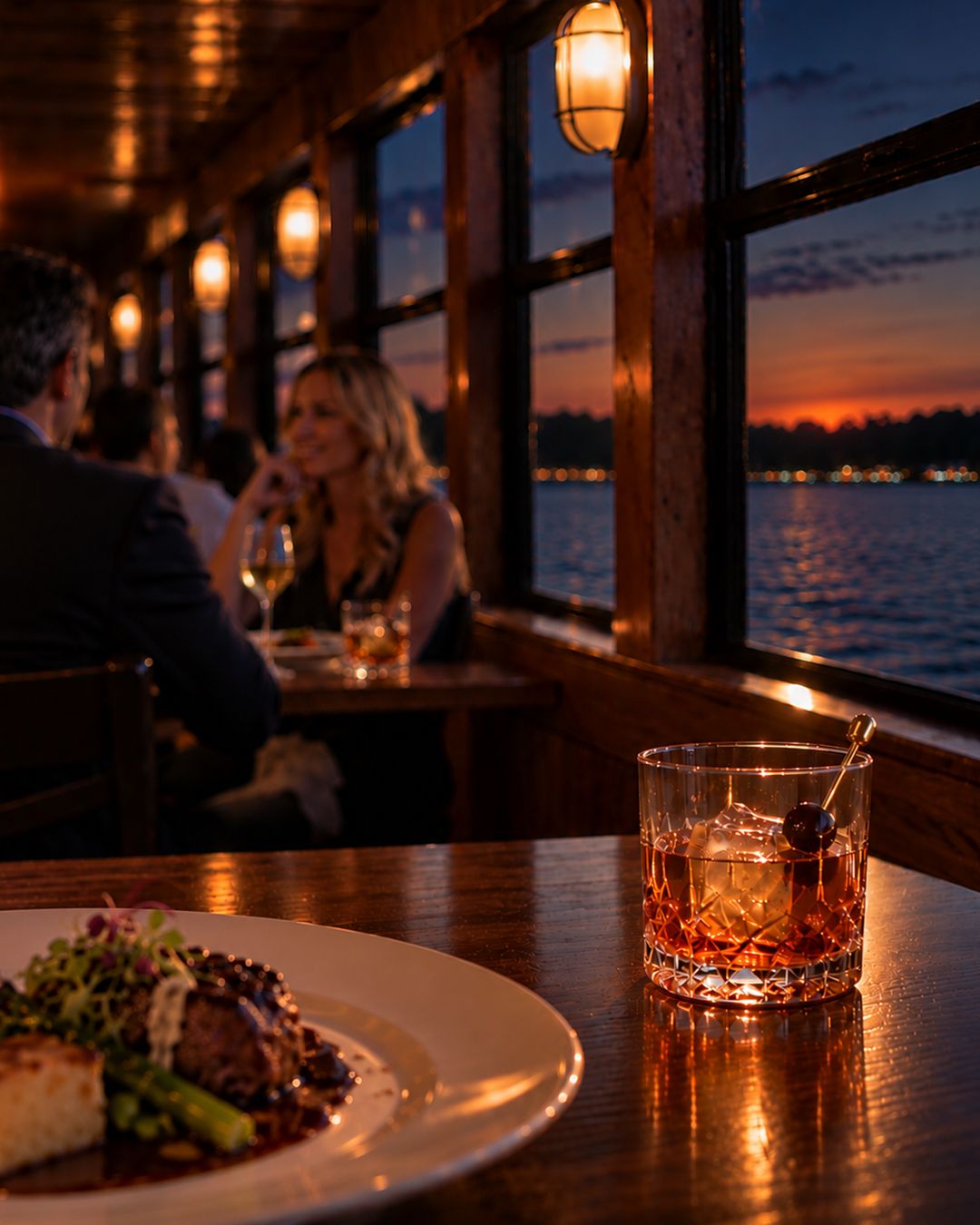 Bourbon cocktail and dinner at sunset aboard the Lake Lawn Queen