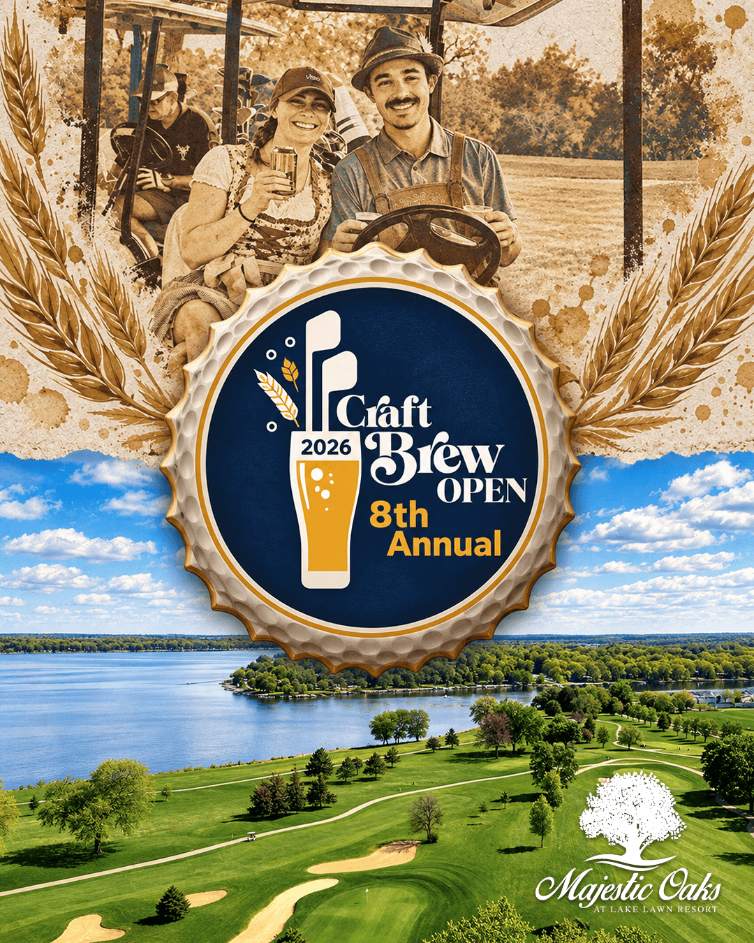8th Annual Craft Brew Open bottle cap logo over Majestic Oaks and Delavan Lake