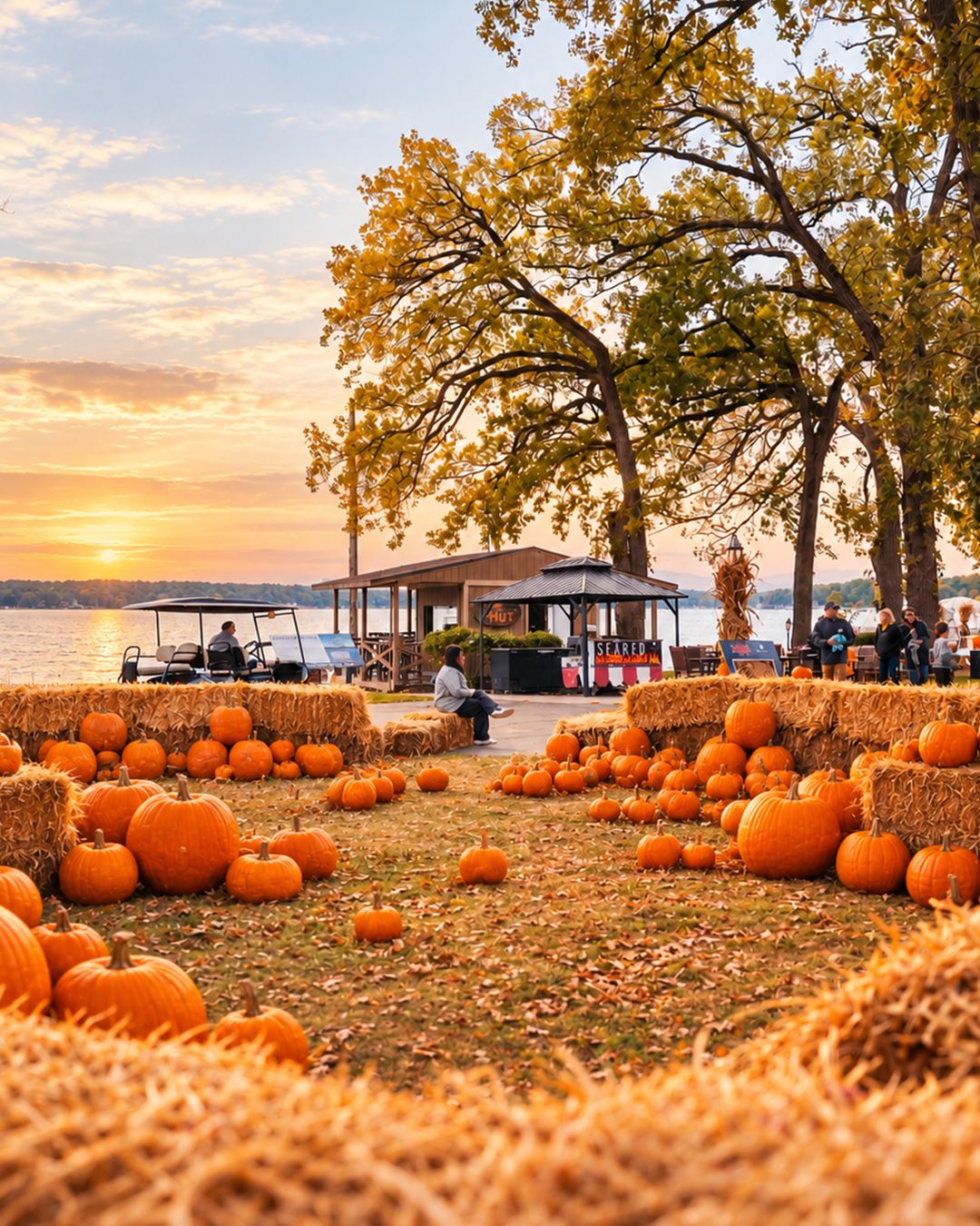 Pumpkins on the Lake Lawn Resort lakefront at sunset