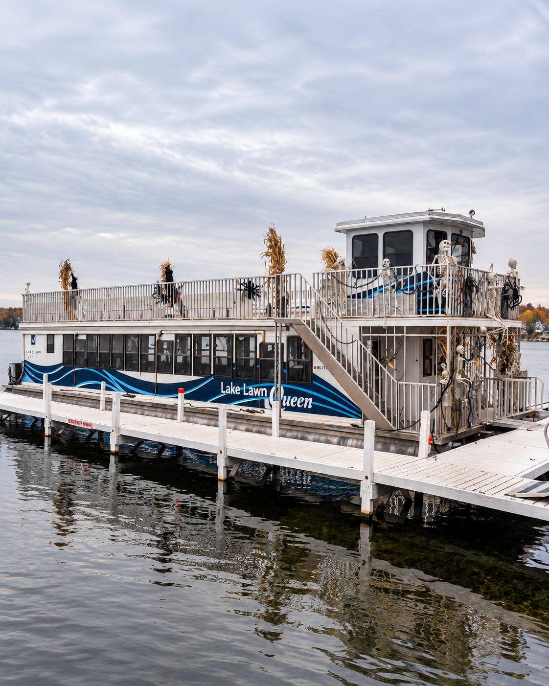 The Lake Lawn Queen decorated for fall at the dock on Delavan Lake