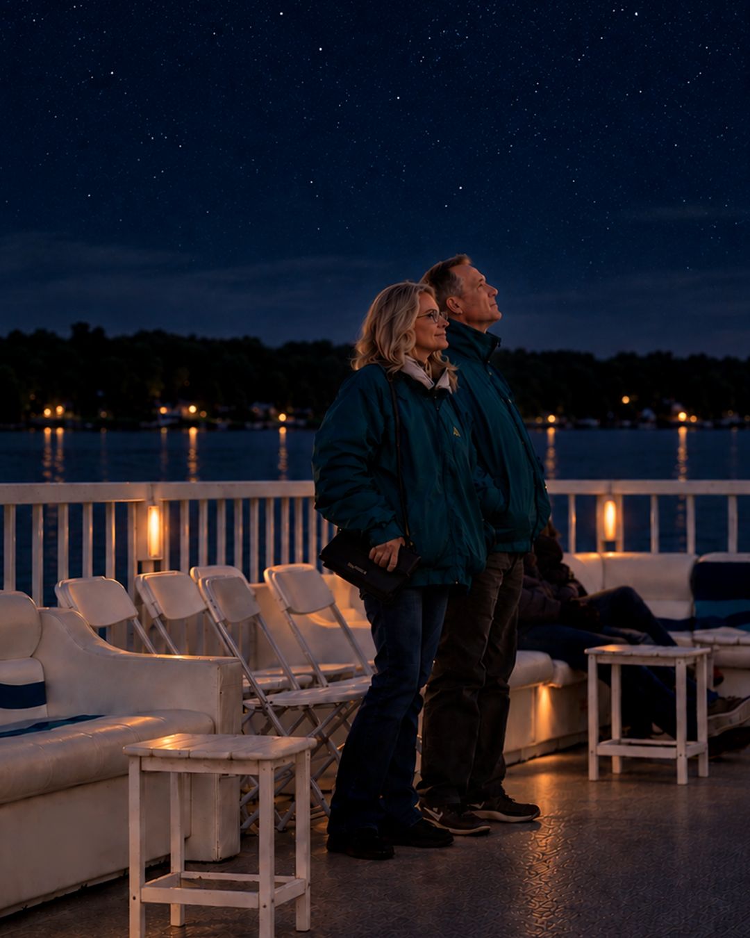 Couple stargazing from the deck of the Lake Lawn Queen on the Night Sky Cruise